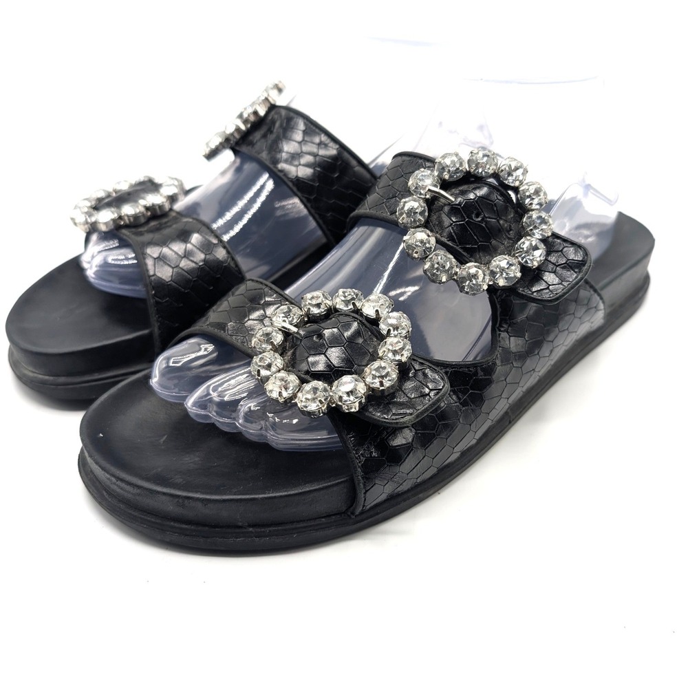 Schutz Womens 10 Ariel Black Snakeskin Embossed Crystal Buckle Slide Sandals
